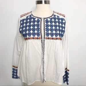 Beulah Style Embroidered Boho Peasant Top White L